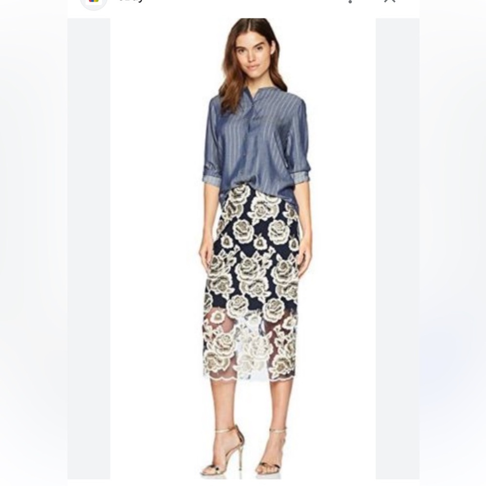 Tahari Women’s Carolina Skirt April Navy/Gold Embroidered Sheer Layer Skirt. 12